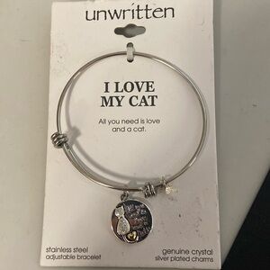 Unwritten "All you need is love & a cat" Crystal & silver bangle bracelets NWT